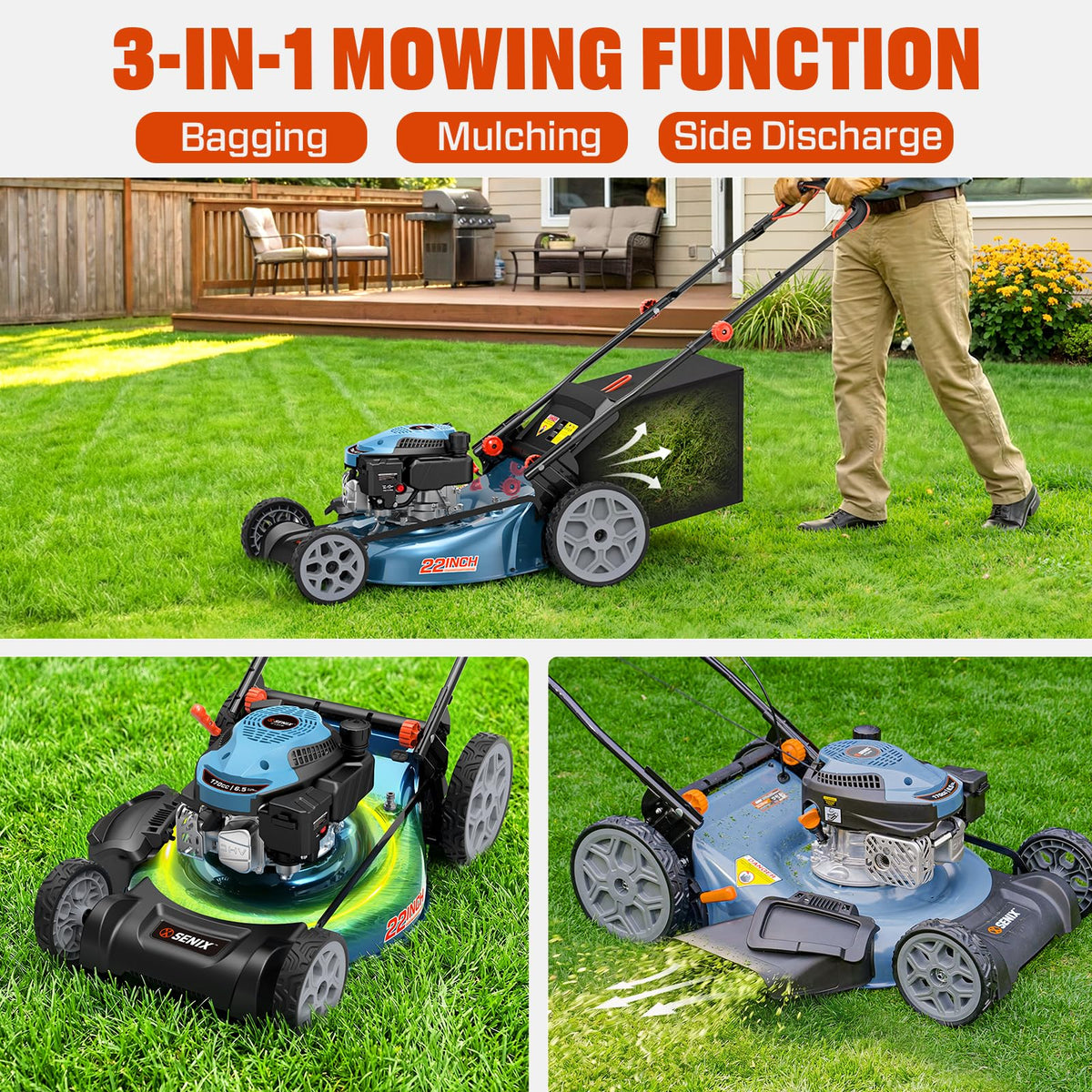 Gas Lawn Mower, 22" Self Propelled Gas Powered Lawnmower with 170cc OHV 4-Cycle Engine, 3-in-1 Walk-Behind Push Lawn Mower, 6-Position Height Adjustment
