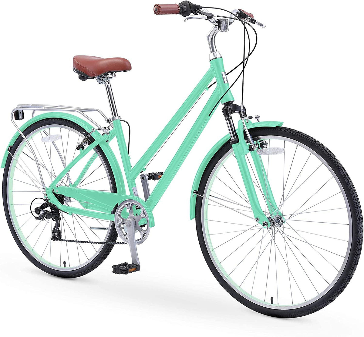 reezero Pave n' Trail Women's 7-Speed Hybrid Bike, 700c Wheels/ 17" Frame, Mint Green with Brown Seat and Grips, One Size
