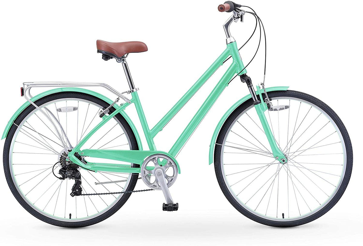 reezero Pave n' Trail Women's 7-Speed Hybrid Bike, 700c Wheels/ 17" Frame, Mint Green with Brown Seat and Grips, One Size