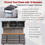 72-Inch  Steel Rolling Tool Chest with 15 Drawers + 3 Upper Cabinets, Mobile Workbench, Assembled LarTool Box Lockable StoraCabinet with Wheels for GaraWorkshop