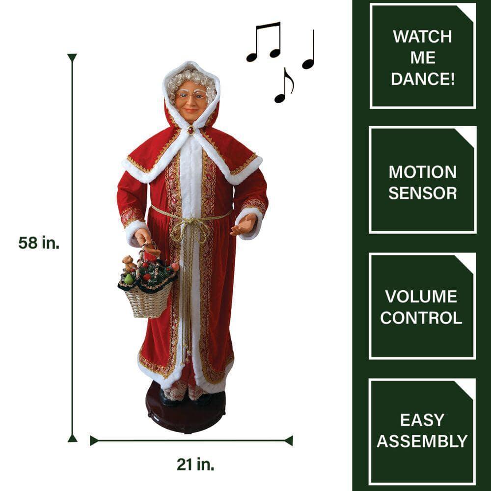 58 in. Christmas Dancing Mrs. Claus with Hooded Cloak and Basket