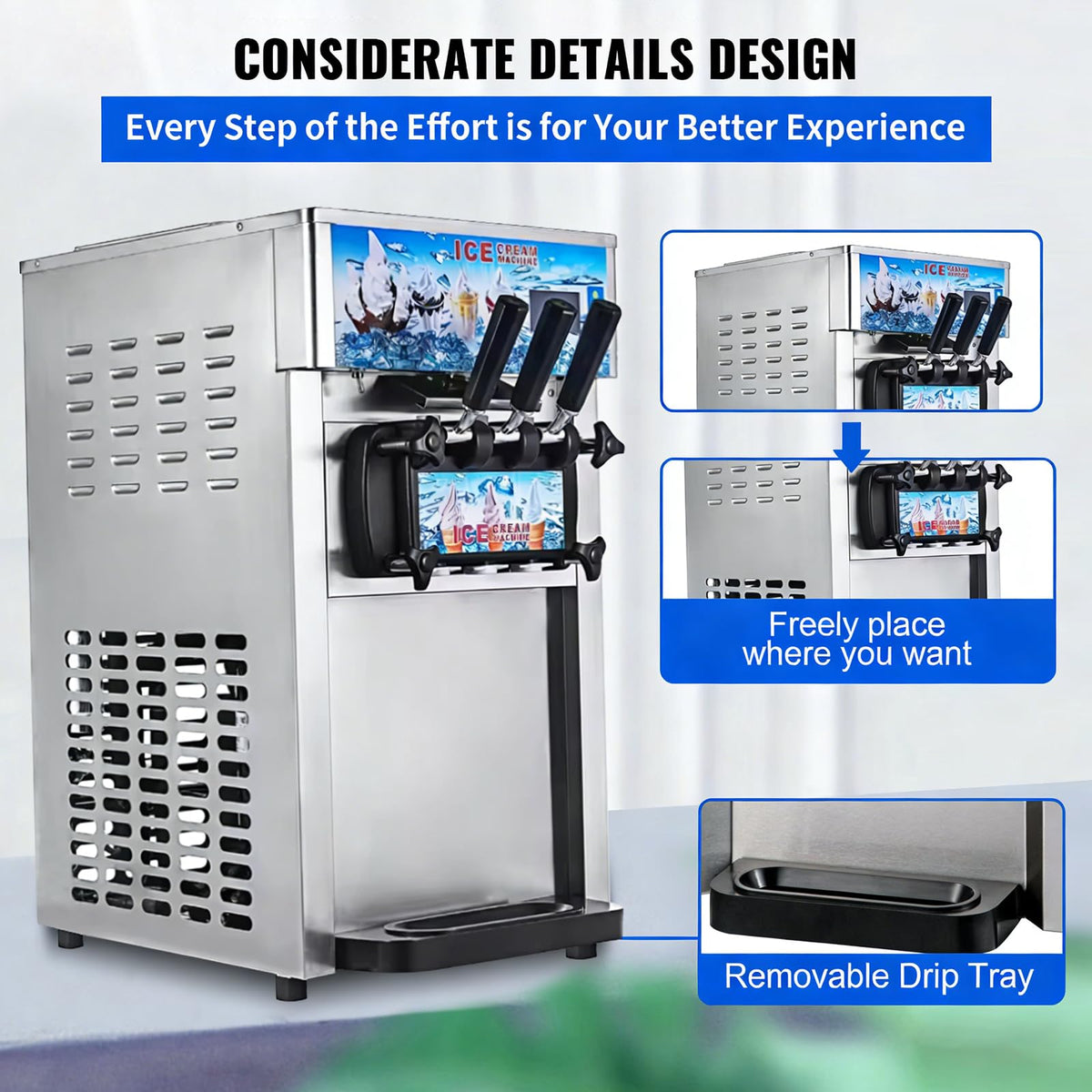 Soft Serve Ice Cream Machine, 18L/H Yield Commercial Ice Cream Maker, 1200W Countertop Soft Serve Ice Cream Maker with LCD Panel Puffing ShortaAlarm for Bars Coffee Shop Restaurant (ZM-168)