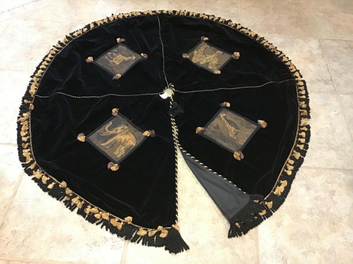 Black Velvet Safari Series Gold Accent Christmas Tree Skirt with Tassels 57"
