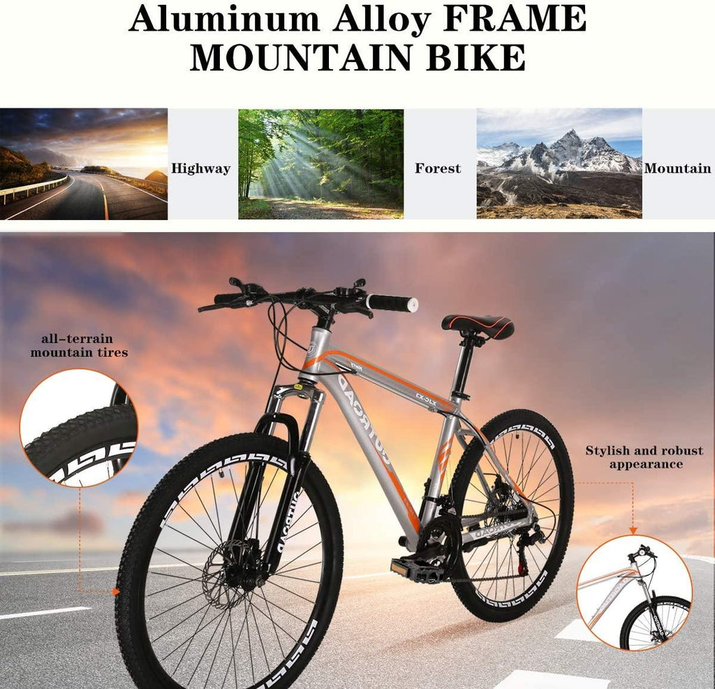 PanAme 26 Inch Mountain Bike, Aluminum Alloy Frame Bike with 21 Speed Dual Disc Brakes, Front Suspension Anti-Slip Bike for Adult - Sliver