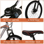 PanAme 26 Inch Mountain Bike, Aluminum Alloy Frame Bike with 21 Speed Dual Disc Brakes, Front Suspension Anti-Slip Bike for Adult - Sliver