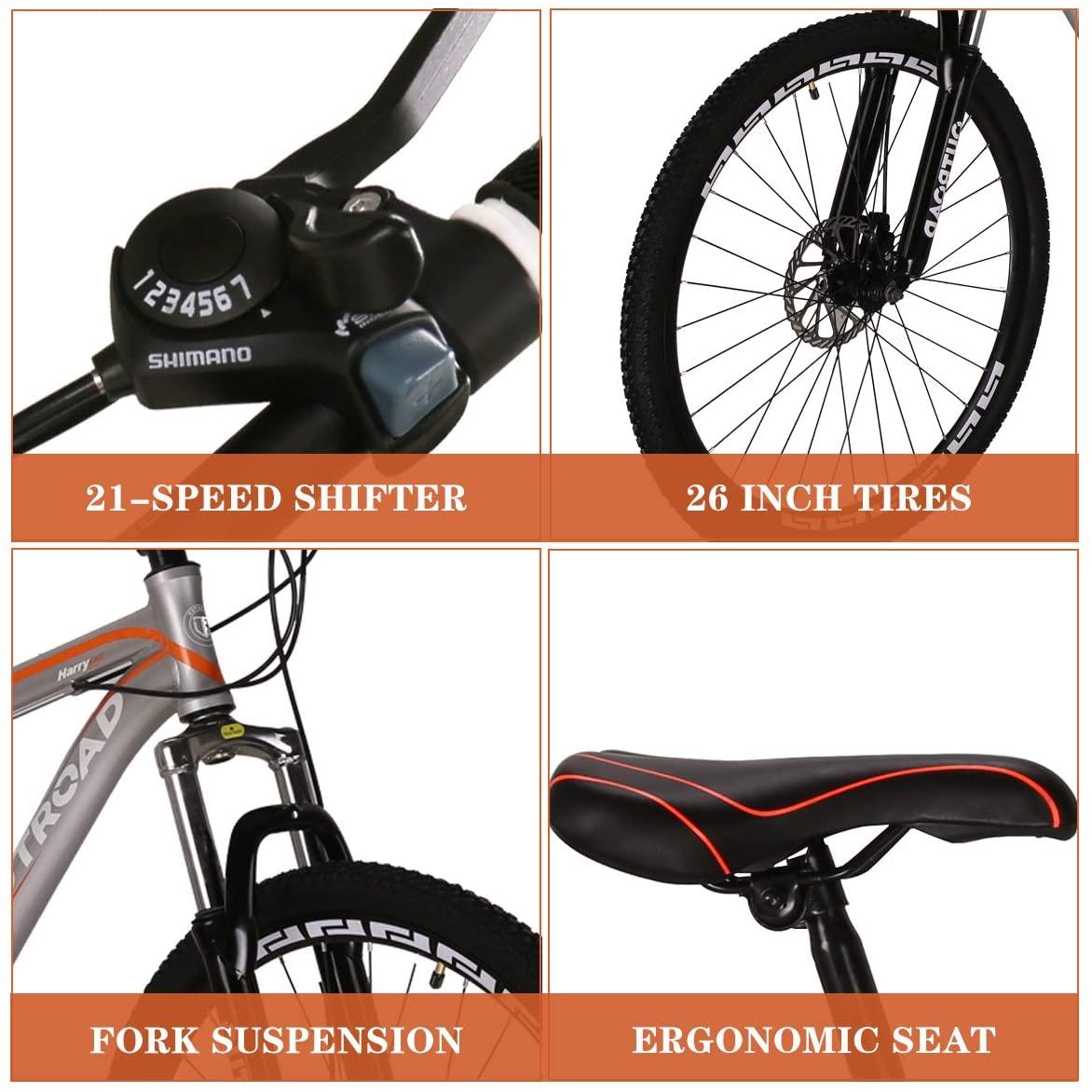 PanAme 26 Inch Mountain Bike, Aluminum Alloy Frame Bike with 21 Speed Dual Disc Brakes, Front Suspension Anti-Slip Bike for Adult - Sliver