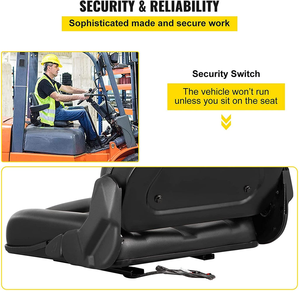 vevor universal forklift seat, black pvc tractor seat, 6"/150mm adjustable mower seat, foldable seat including seat switch, 18.5" x 20" x 18" skid steer seat, fit forklift, tractor, skid loader