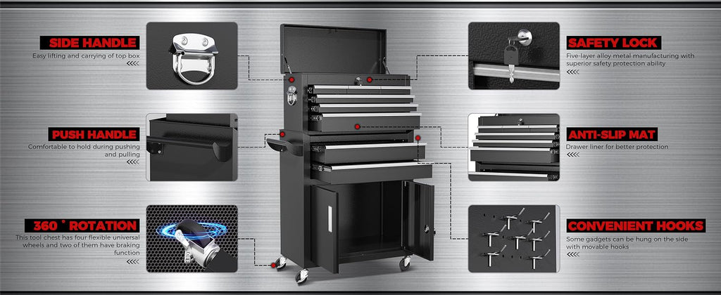 8-Drawers Rolling Tool Chest, Assembled Tool Chest with Wheels, Detachable Top Tool Box, Tool Cabinet for Repair Room,Warehouse, Rolling Tool Box with Hooks,Tray Divider,Liners(Black)