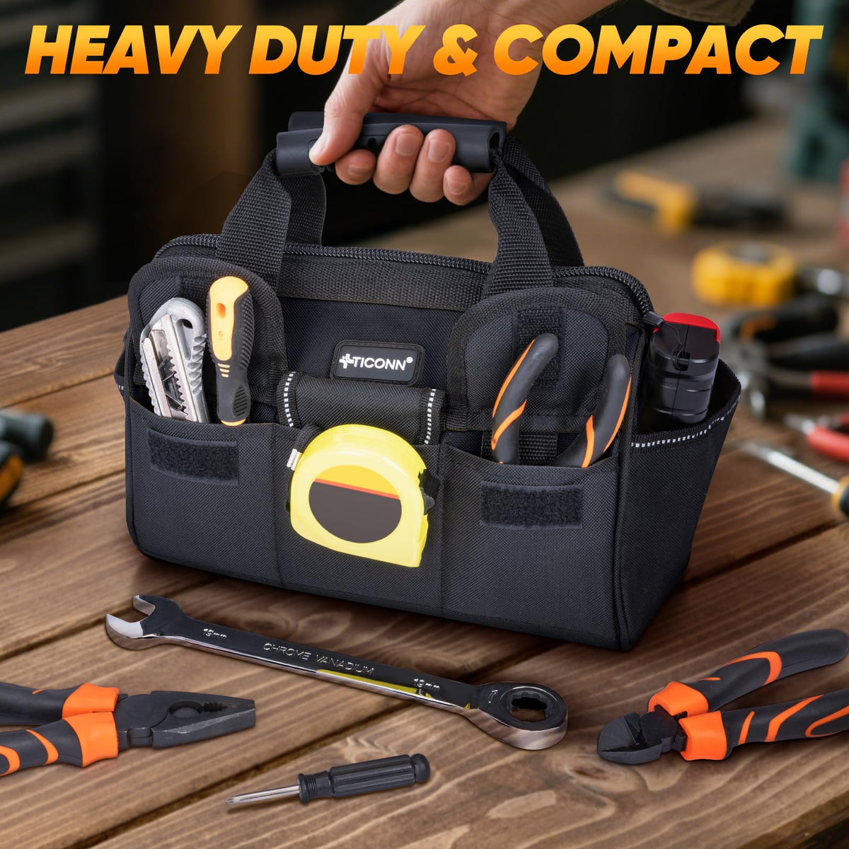Heavy Duty Tool Bag with Multi-Pockets, Portable Tool Box Organizer StoraBag, with Adjustable Shoulder Strap and Ergonomic Handle (Black, 12" Standard Base)