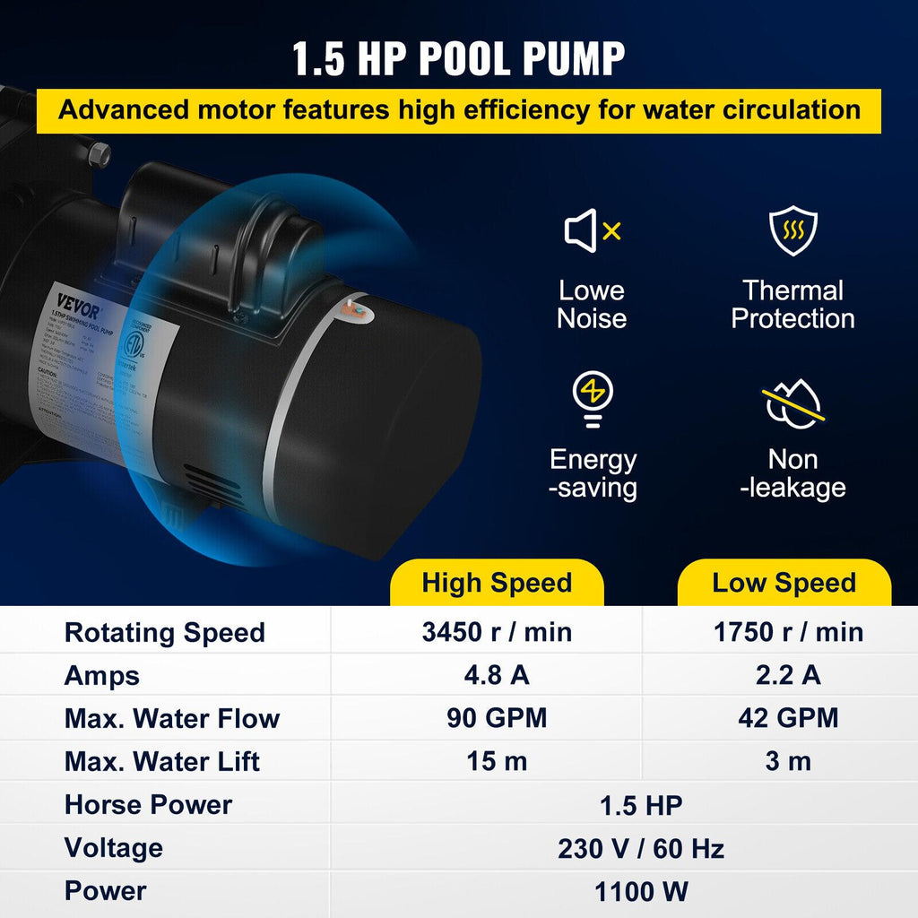 vevor swimming pool pump in/above ground pool pump 1.5 hp 90 gpm w/ strainer