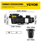 vevor swimming pool pump in/above ground pool pump 1.5 hp 90 gpm w/ strainer