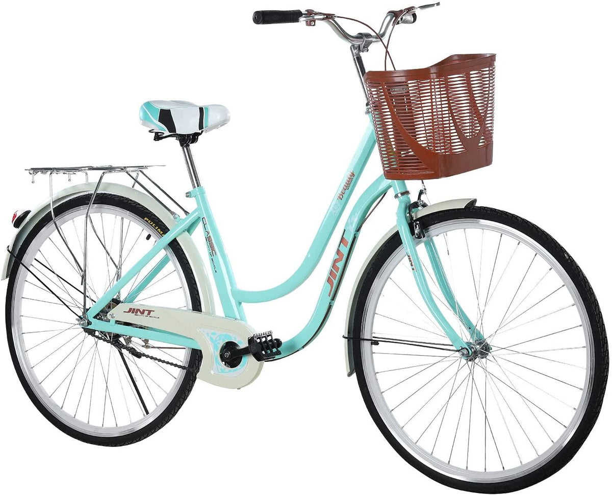 Womens Cruiser Bike 26 Inch Beach Cruiser Bike Classic Retro Bicycle Road Bikes, Single Speed Bicycle Commuter Bicycle High-Carbon Steel Frame, Front Basket, Rear Racks