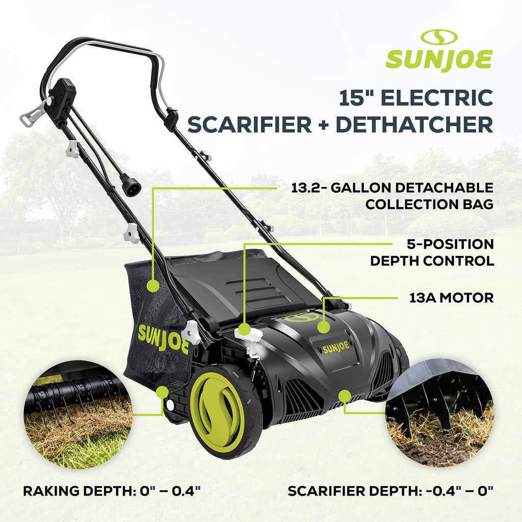 15-Inch Electric Powered Lawn Dethatcher with Scarifier Blade Reel and Collection Bag - 13-Amp Corded Yard Power Rake Tool Machine for Grass Thatch Removal, AJ805E
