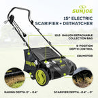 15-Inch Electric Powered Lawn Dethatcher with Scarifier Blade Reel and Collection Bag - 13-Amp Corded Yard Power Rake Tool Machine for Grass Thatch Removal, AJ805E