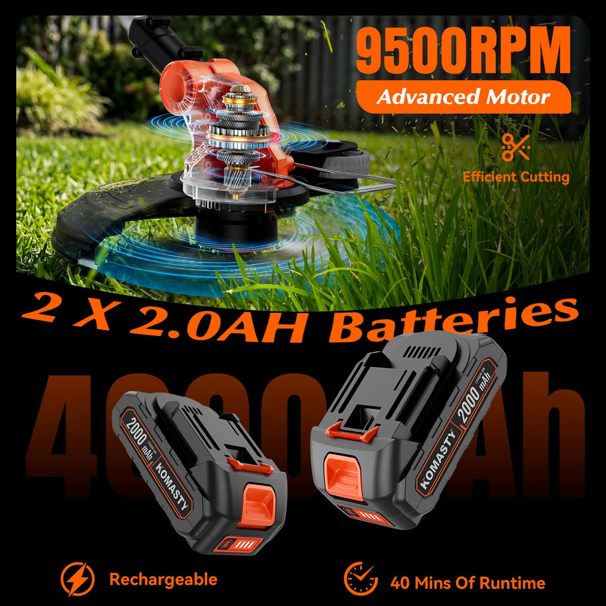 20V Electric Weed Wacker Cordless Edger Lawn Tool 2 X 2.0Ah Battery Powered Weed Eater with Charger, 12 Inch Lightweight String Trimmer, Auto Line Feed Grass Cutter Lawn Mower for Small Yard Orange