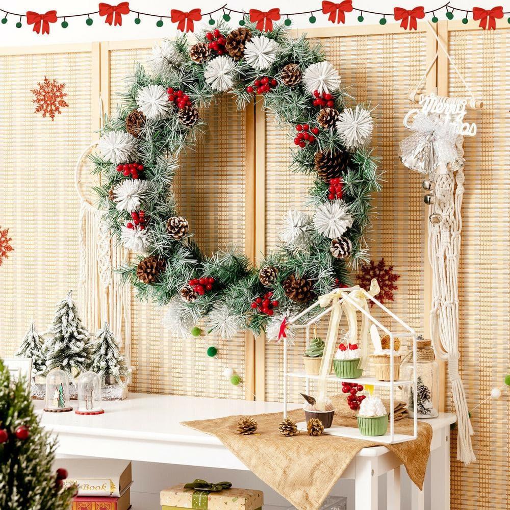 30 in. Flocked Pre-Lit LED Artificial Christmas Wreath with Red Berries and Pinecones