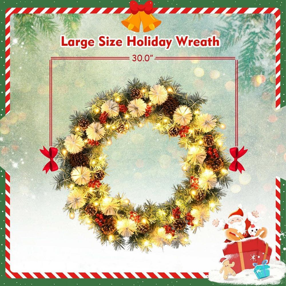 30 in. Flocked Pre-Lit LED Artificial Christmas Wreath with Red Berries and Pinecones