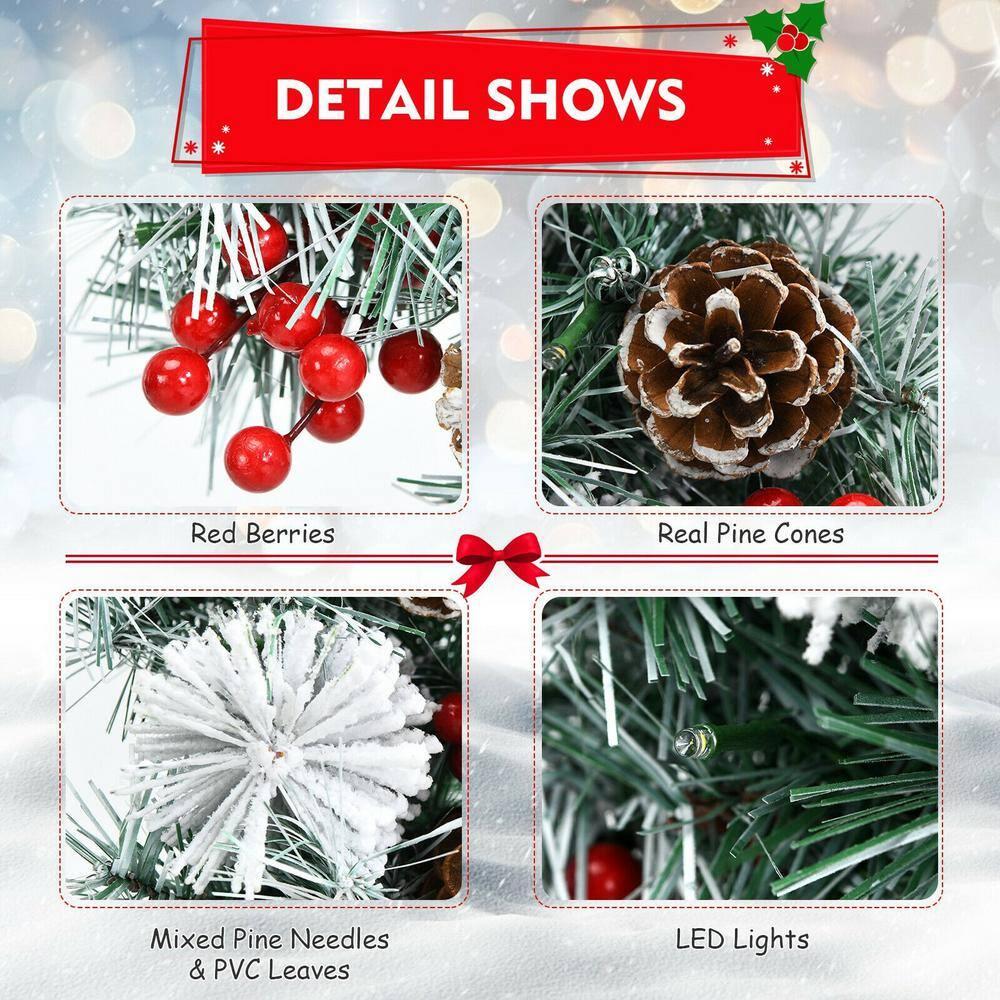 30 in. Flocked Pre-Lit LED Artificial Christmas Wreath with Red Berries and Pinecones