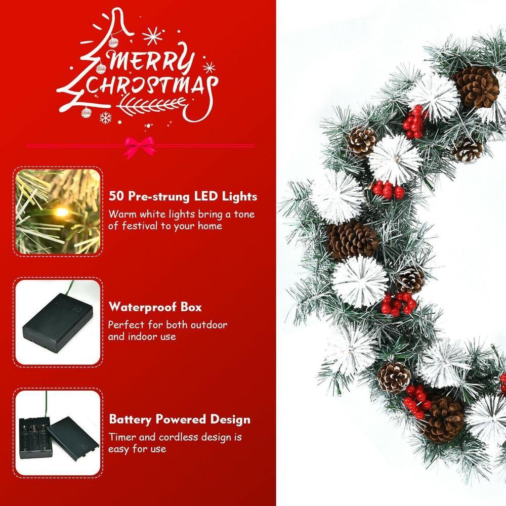 30 in. Flocked Pre-Lit LED Artificial Christmas Wreath with Red Berries and Pinecones