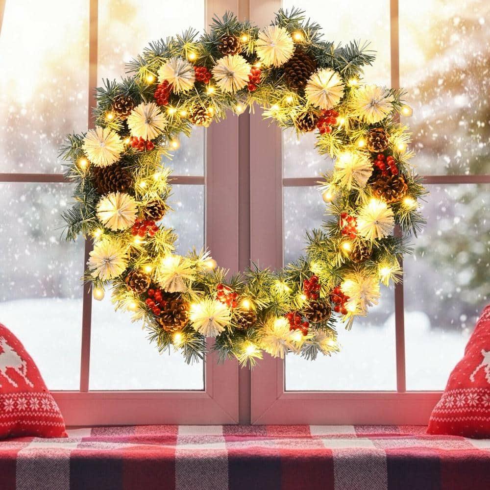 30 in. Flocked Pre-Lit LED Artificial Christmas Wreath with Red Berries and Pinecones