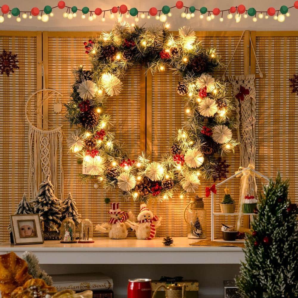 30 in. Flocked Pre-Lit LED Artificial Christmas Wreath with Red Berries and Pinecones