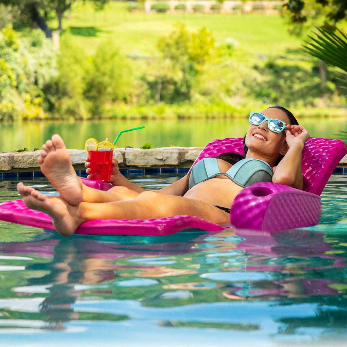 TRC Recreation Super Soft Portable Floating Swimming Pool Water Lounger Comfortable Adjustable Recliner Chair with 2 Armrest Cup