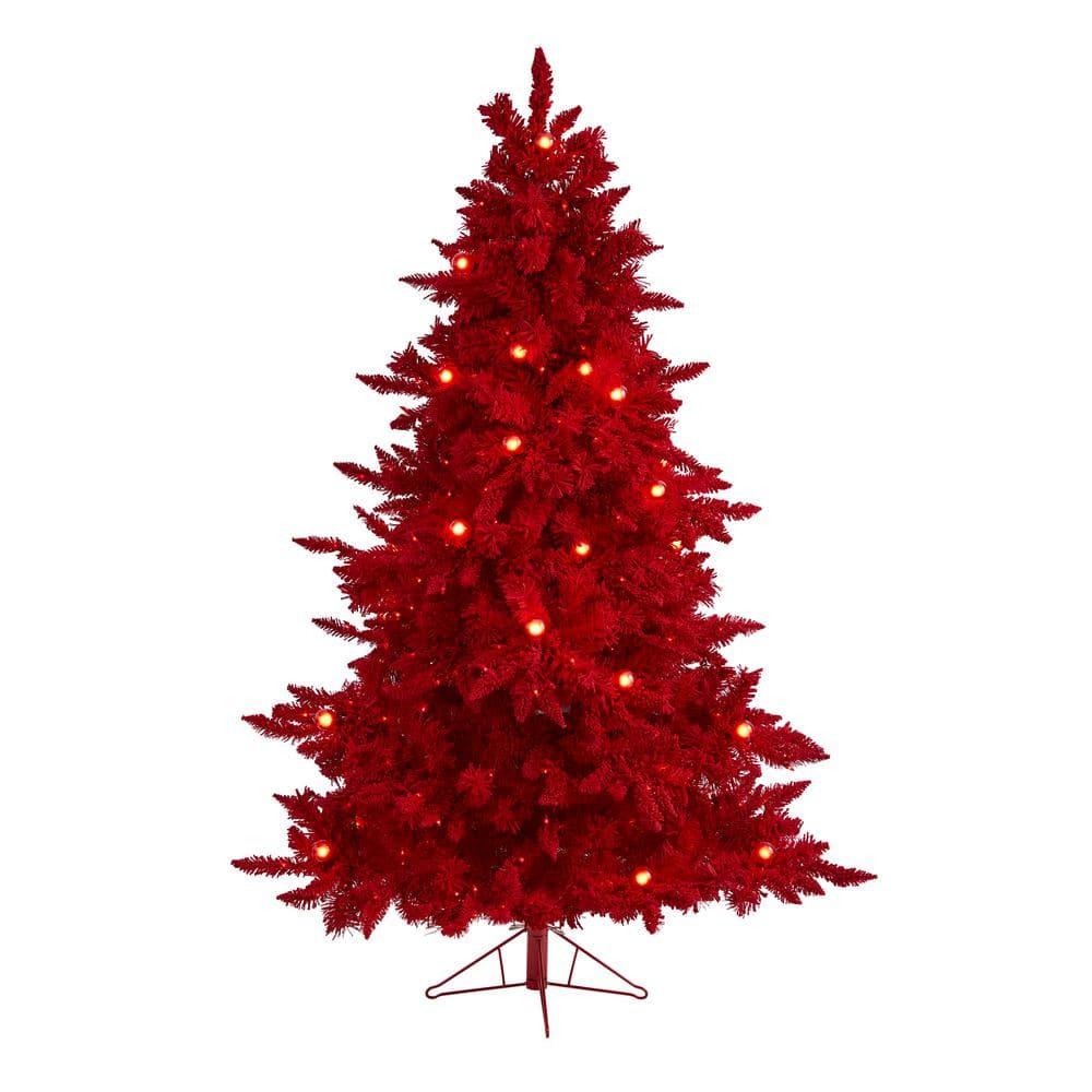 6 ft. Red Pre-Lit Flocked Fraser Fir Artificial Christmas Tree with 350 Red Lights, 33 Globe Bulbs