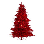 6 ft. Red Pre-Lit Flocked Fraser Fir Artificial Christmas Tree with 350 Red Lights, 33 Globe Bulbs
