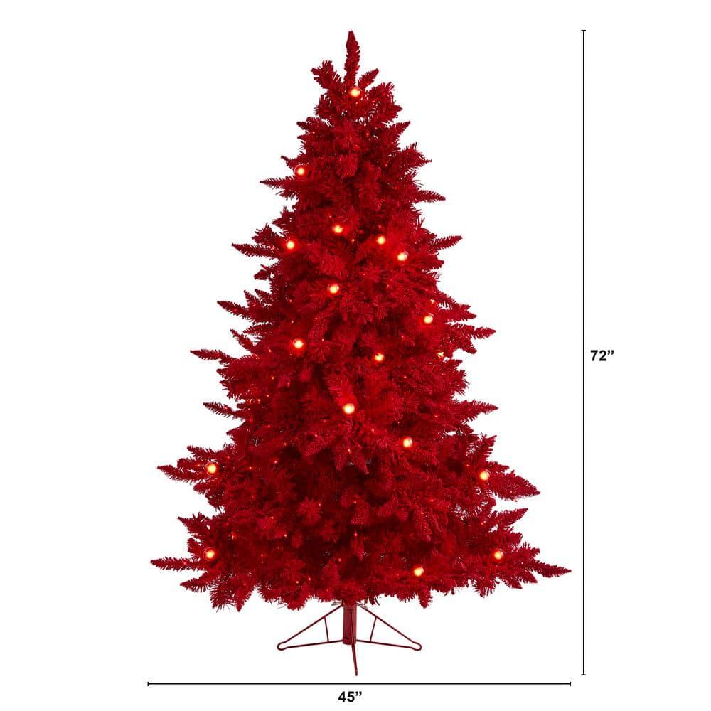 6 ft. Red Pre-Lit Flocked Fraser Fir Artificial Christmas Tree with 350 Red Lights, 33 Globe Bulbs