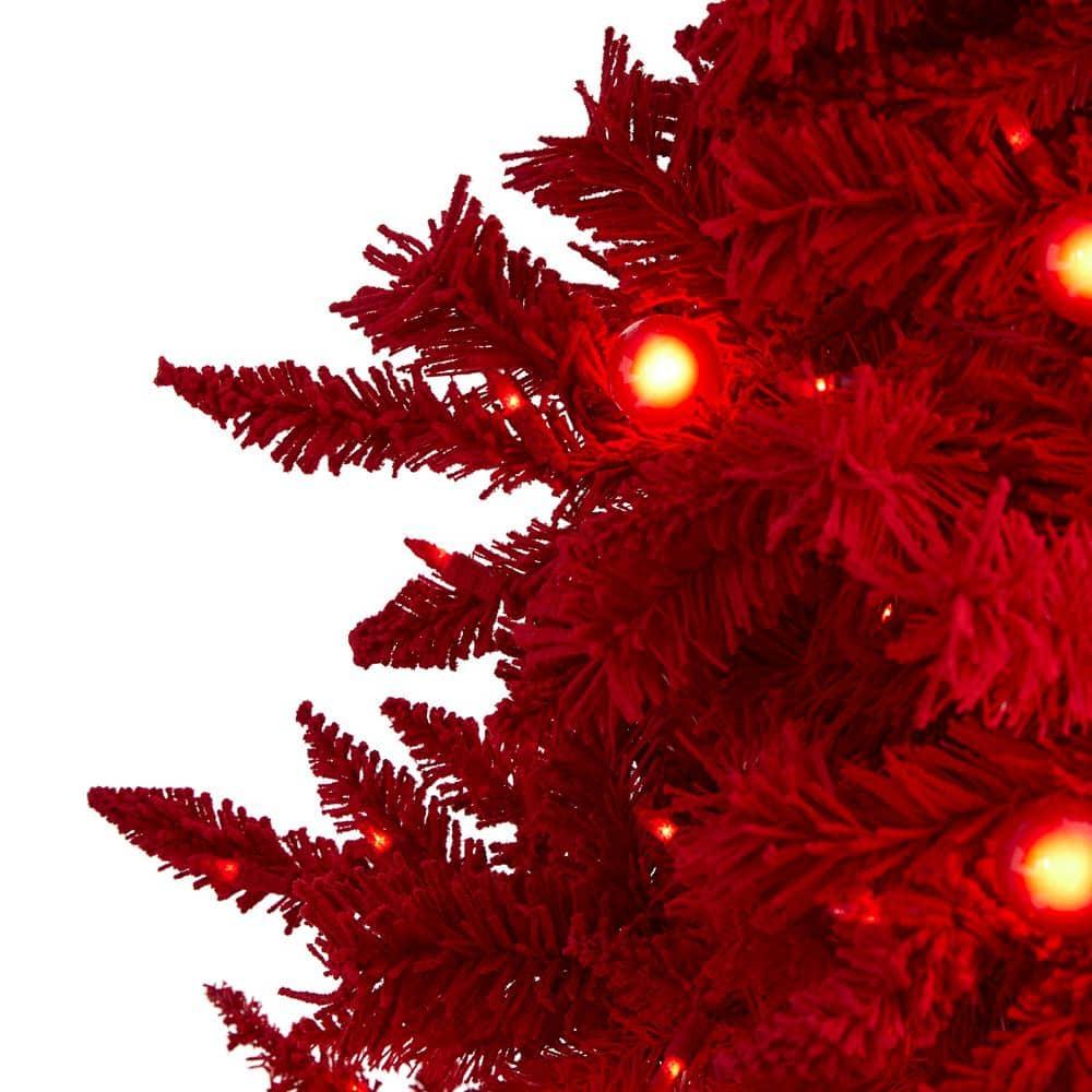 6 ft. Red Pre-Lit Flocked Fraser Fir Artificial Christmas Tree with 350 Red Lights, 33 Globe Bulbs