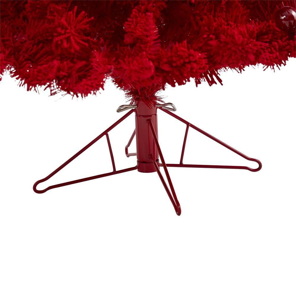 6 ft. Red Pre-Lit Flocked Fraser Fir Artificial Christmas Tree with 350 Red Lights, 33 Globe Bulbs