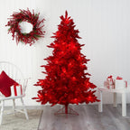6 ft. Red Pre-Lit Flocked Fraser Fir Artificial Christmas Tree with 350 Red Lights, 33 Globe Bulbs