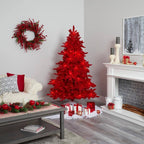6 ft. Red Pre-Lit Flocked Fraser Fir Artificial Christmas Tree with 350 Red Lights, 33 Globe Bulbs