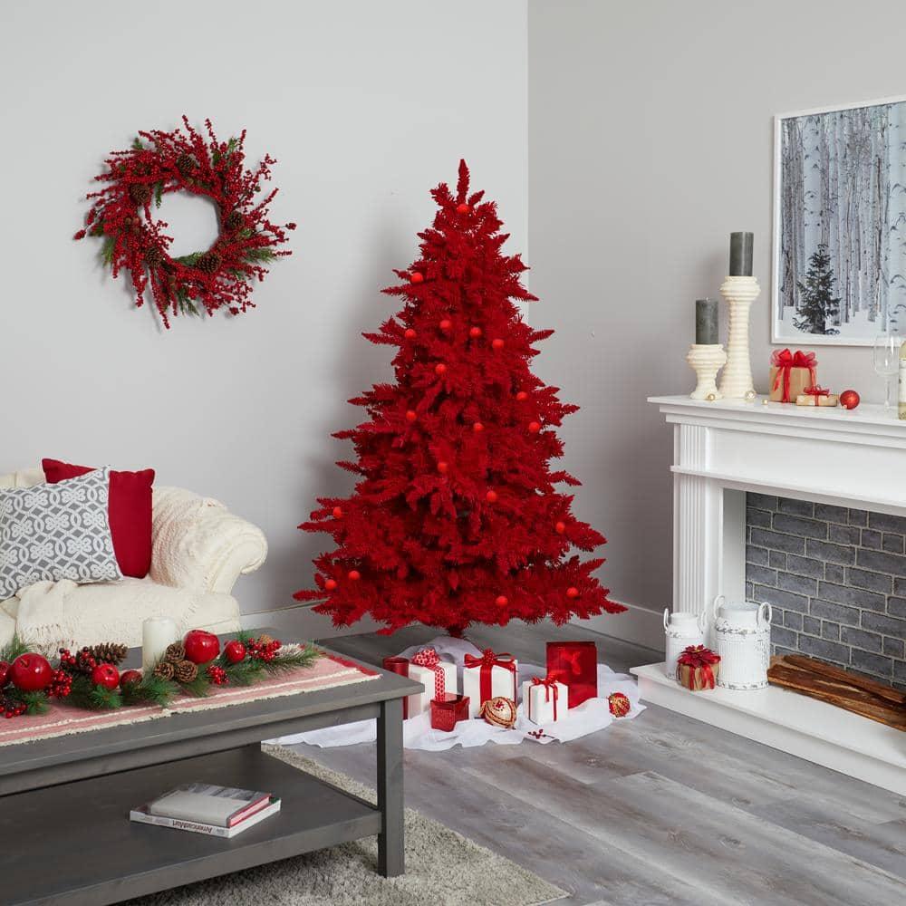 6 ft. Red Pre-Lit Flocked Fraser Fir Artificial Christmas Tree with 350 Red Lights, 33 Globe Bulbs