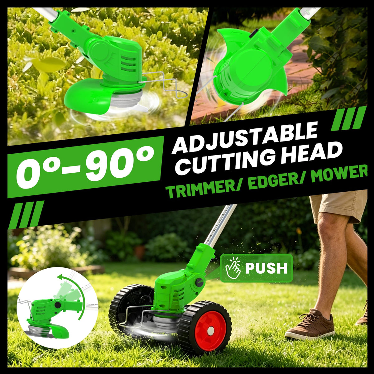 21V Electric Weed Wacker, Cordless Weed Eater Battery Powered, Lightweight Stringless Weed Trimmer with 2 Battery Operated &amp; Wheels, 4 in 1 Grass Trimmer/Brush Cutter/Lawn Edger/Mower for Garden Yard