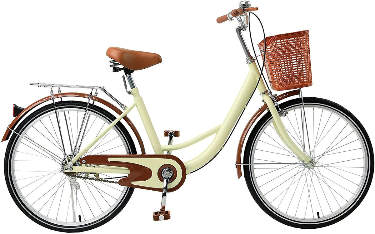 Viribus Single Speed Beach Cruiser Bike, Comfortable Commuter Bicycle, High-Carbon Steel Frame, Front Basket &amp; Bell, Rear Racks (Creamy, 26")