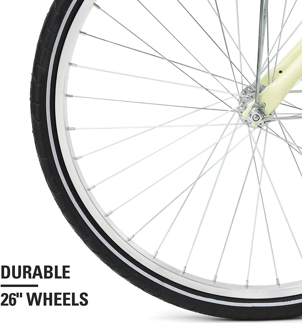 Viribus Single Speed Beach Cruiser Bike, Comfortable Commuter Bicycle, High-Carbon Steel Frame, Front Basket &amp; Bell, Rear Racks (Creamy, 26")