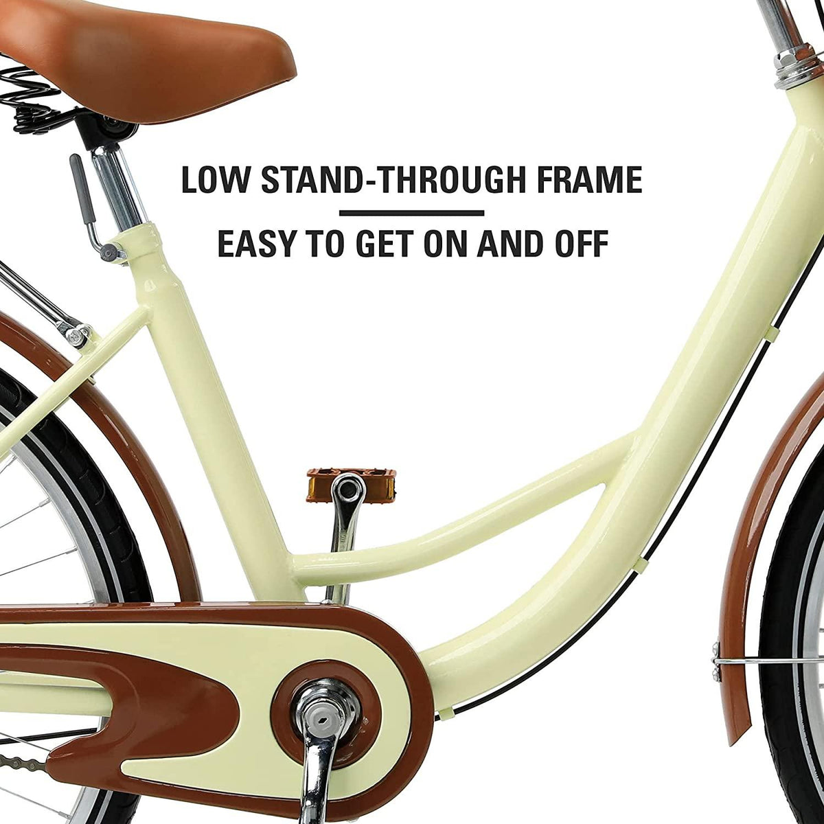 Viribus Single Speed Beach Cruiser Bike, Comfortable Commuter Bicycle, High-Carbon Steel Frame, Front Basket &amp; Bell, Rear Racks (Creamy, 26")