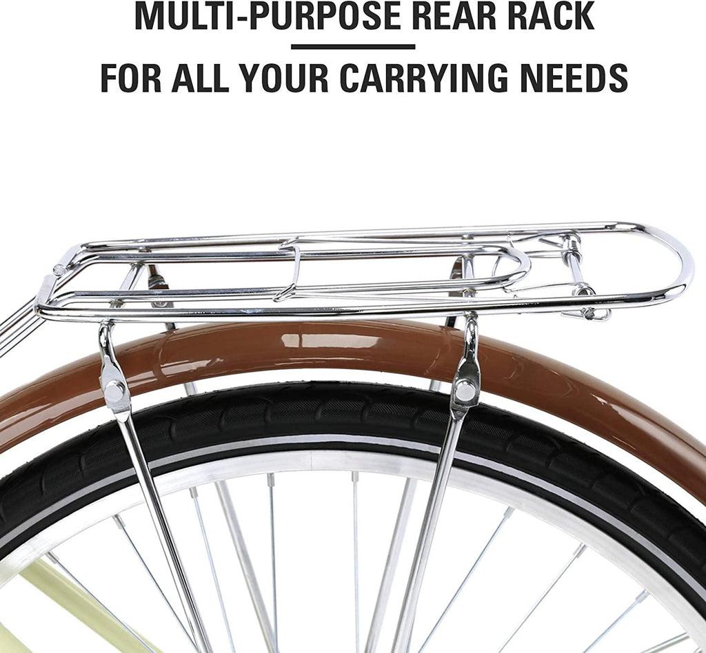 Viribus Single Speed Beach Cruiser Bike, Comfortable Commuter Bicycle, High-Carbon Steel Frame, Front Basket &amp; Bell, Rear Racks (Creamy, 26")