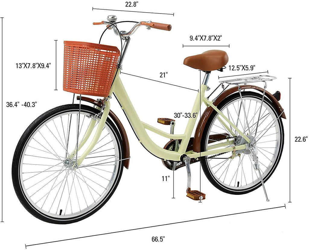Viribus Single Speed Beach Cruiser Bike, Comfortable Commuter Bicycle, High-Carbon Steel Frame, Front Basket &amp; Bell, Rear Racks (Creamy, 26")
