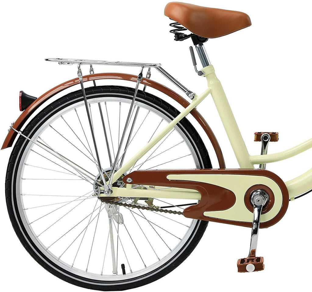 Viribus Single Speed Beach Cruiser Bike, Comfortable Commuter Bicycle, High-Carbon Steel Frame, Front Basket &amp; Bell, Rear Racks (Creamy, 26")