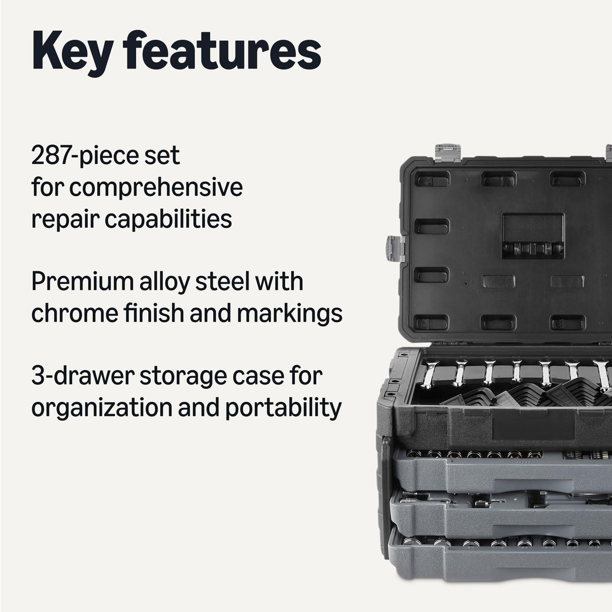 287-Piece Mechanic Socket Set with -Release Ratchets, Wrenches, Bits, 1/4" 3/8" 1/2", Metric and SAE, 3-Drawer Case, for Auto and Machine Repairs