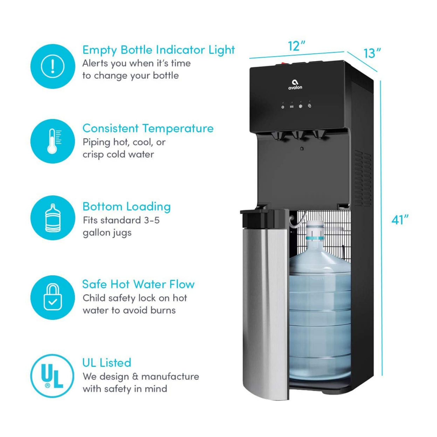 avalon bottom loading water cooler water dispenser with bioguard, 3 temperature settings