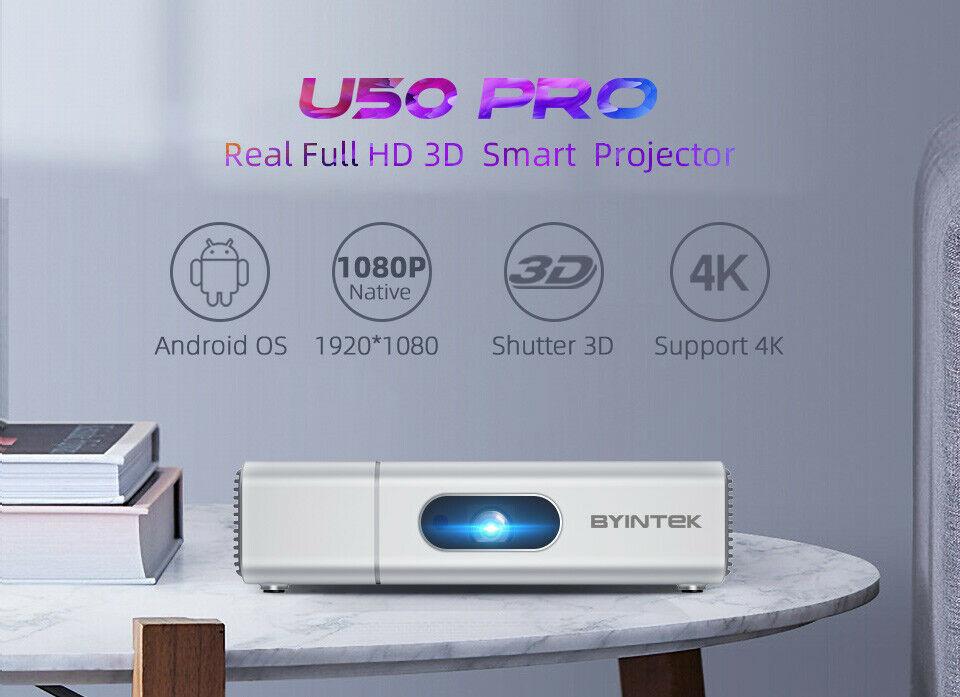 byintek u50 full hd 1080p android wifi smart 2k 3d 4k tv portable laser home the