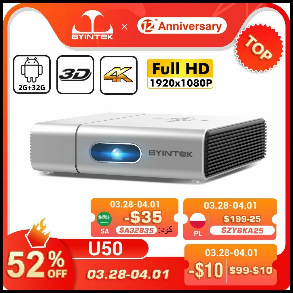 byintek u50 full hd 1080p android wifi smart 2k 3d 4k tv portable laser home the