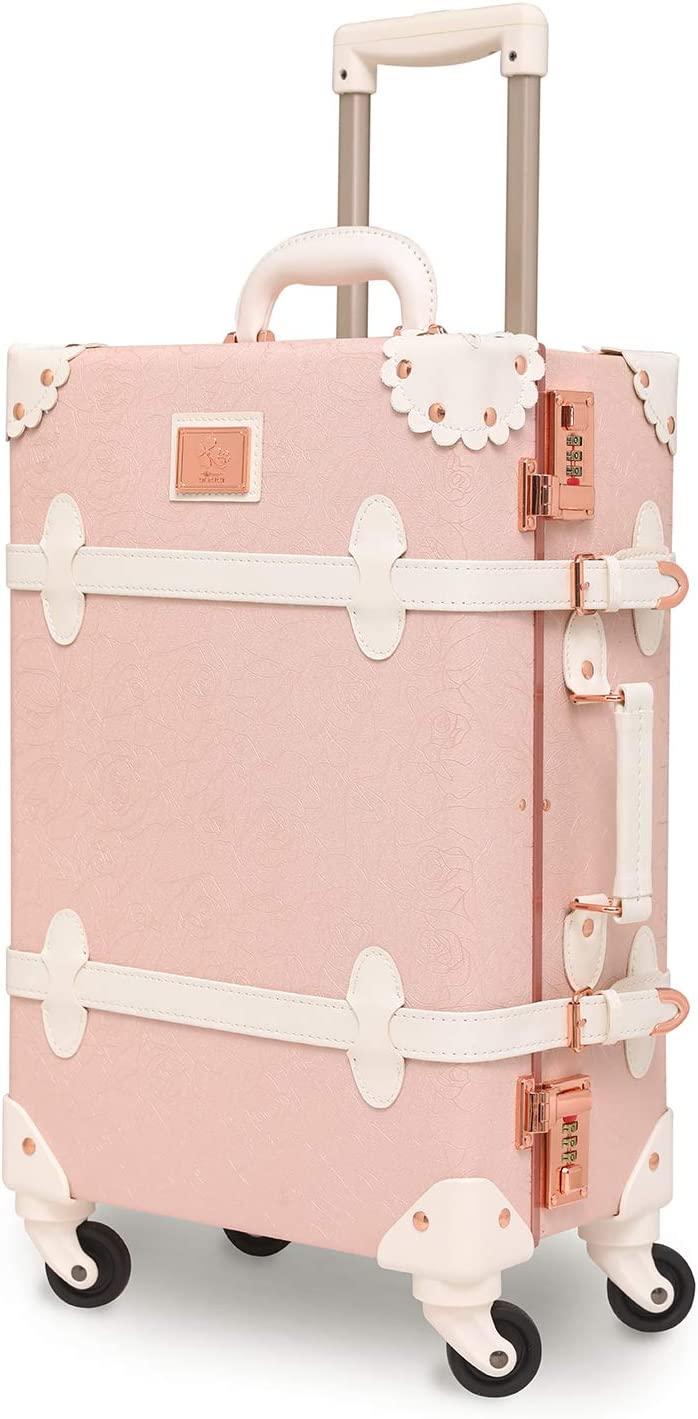 Cute Aesthetic  Rolling Trunk Suitcase, Pretty Retro er Travel Suitcases, Leather Luggage with Combination Lock (Elegant Pink, 26")