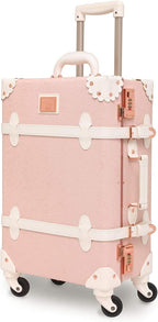 Cute Aesthetic  Rolling Trunk Suitcase, Pretty Retro er Travel Suitcases, Leather Luggage with Combination Lock (Elegant Pink, 26")