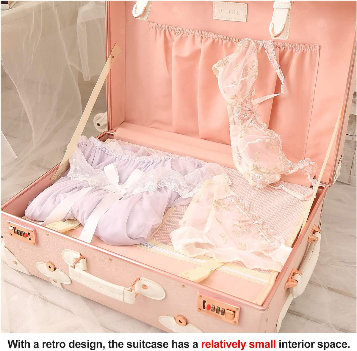 Cute Aesthetic  Rolling Trunk Suitcase, Pretty Retro er Travel Suitcases, Leather Luggage with Combination Lock (Elegant Pink, 26")