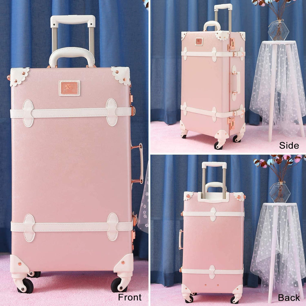 Cute Aesthetic  Rolling Trunk Suitcase, Pretty Retro er Travel Suitcases, Leather Luggage with Combination Lock (Elegant Pink, 26")