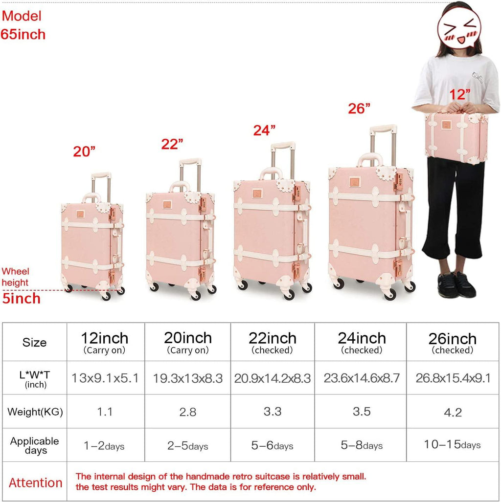 Cute Aesthetic  Rolling Trunk Suitcase, Pretty Retro er Travel Suitcases, Leather Luggage with Combination Lock (Elegant Pink, 26")